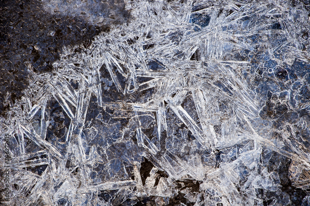 Beautiful ice flakes close-up. Frozen water, the first days of winter