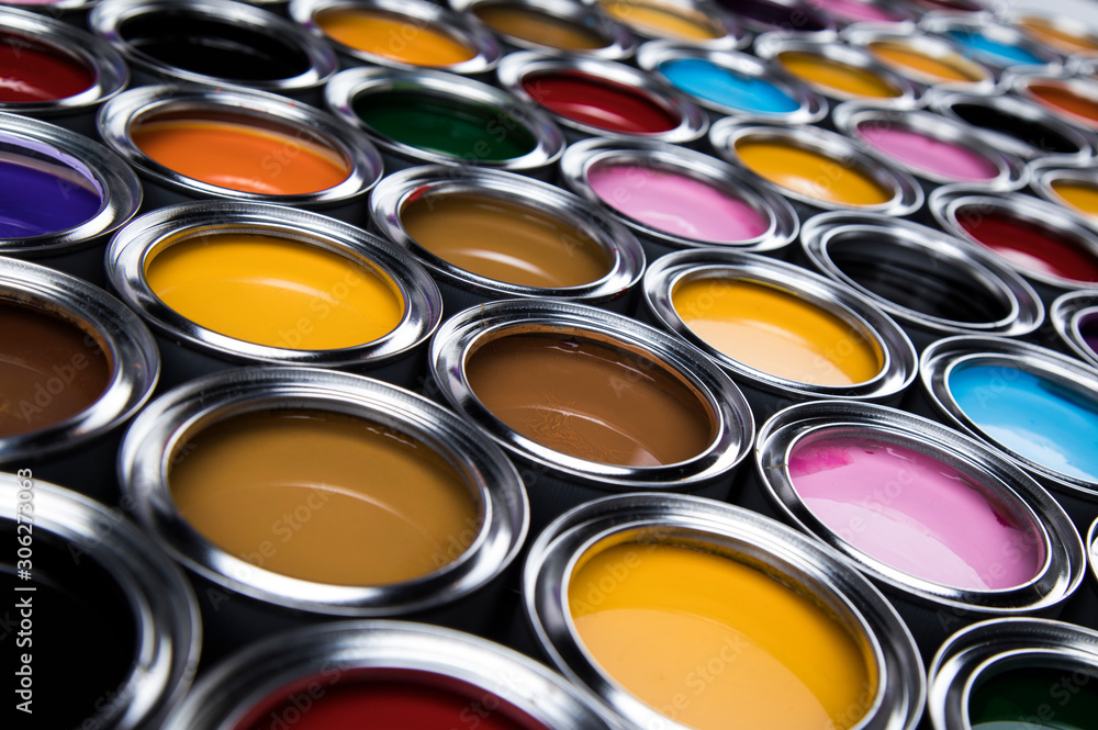Fototapeta premium Rainbow colors, Group of tin metal cans