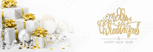 Christmas banner. Xmas silver gifts box with gold bows, white background. Horizontal long poster, greeting card, headers, website. Decoration objects. © kostikovanata
