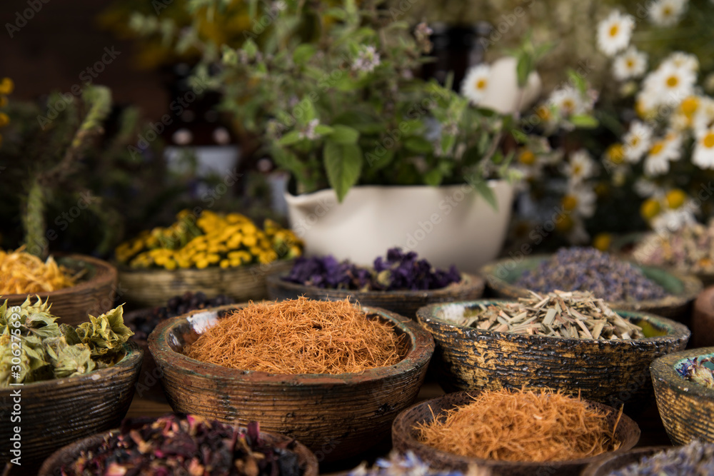 Fototapeta premium Natural remedy,Herbal medicine and wooden table background
