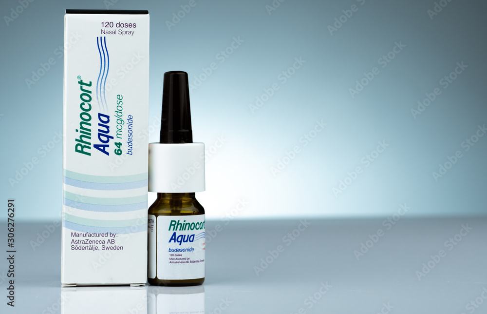 CHONBURI, THAILAND-OCTOBER 17, 2018 : Rhinocort Aqua 64 mcg/dose 120 doses.  Budesonide nasal spray product of Johnson & Johnson (Thailand).  Manufactured by AstraZeneca, Sweden. Steroid nasal spray. Stock Photo |  Adobe Stock