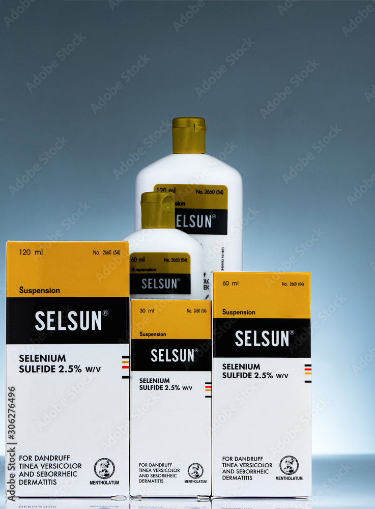CHONBURI, THAILAND-OCTOBER 27, 2018 : Selsun suspension. Selenium sulfide  2.5% shampoo for dandruff Tinea Versicolor and seborrheic dermatitis.  Medication used to treat dandruff and scalp infection. Stock Photo | Adobe  Stock