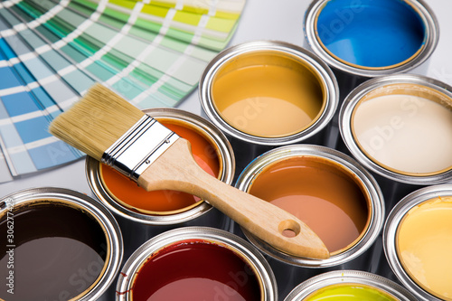 Slika na platnu Colorful paint cans with paintbrush