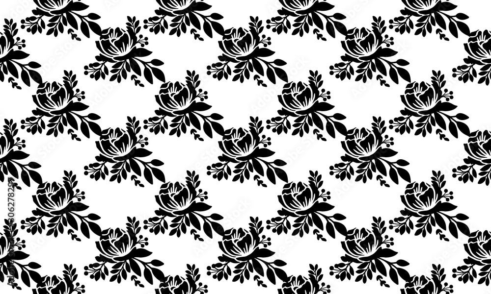 Black and white abstract, seamless floral pattern background.
