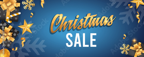 Christmas sale blue background banner template with glitter gold elements, snowflakes, stars