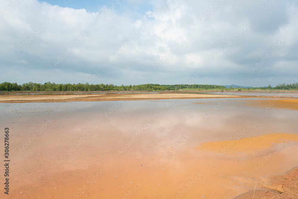 Naklua or salt farm on blue sky background at Chanthaburi Province,Thailand.