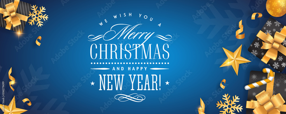 Merry Christmas and Happy New Year blue background template with gold ...