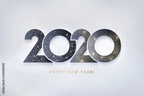 Happy New Year 2020 design. Modern trendy 2020 glittering black and gold numbers isolated on light background. Vector festive illustration. Holiday decoration.