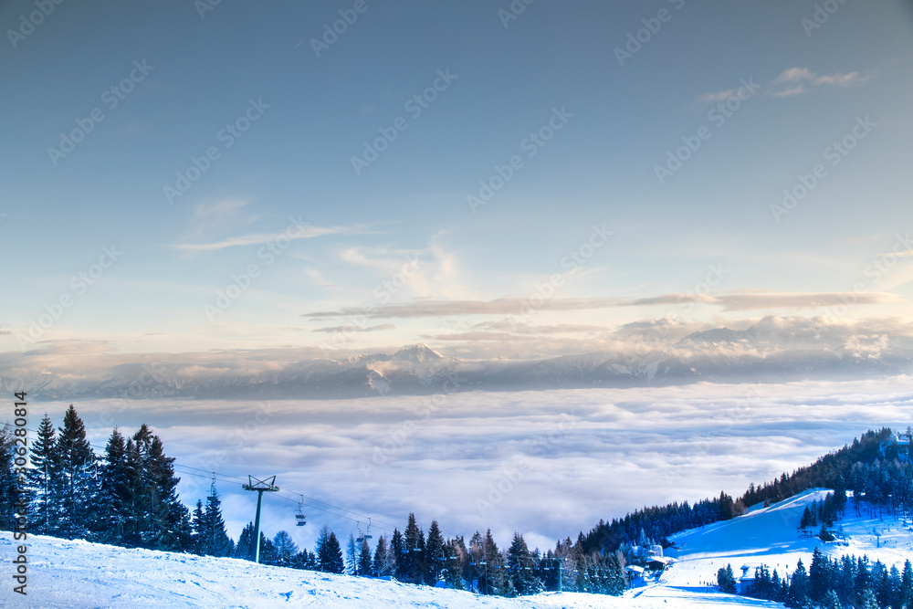 Fantastic winter landscape, sunset, snow covered trees Fantastic winter landscape, sunset, snow covered trees