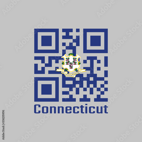 QR code set the color of Connecticut flag, text "Qui Transtulit Sustinet", Latin for "He who transplanted sustains"