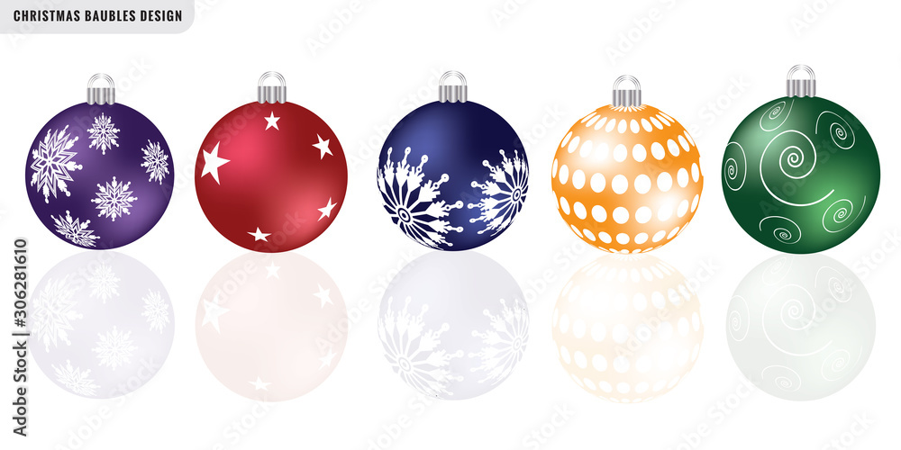 Transparent and colorful Christmas ball with snow effect set. Xmas glass ball on white background. Holiday decoration template