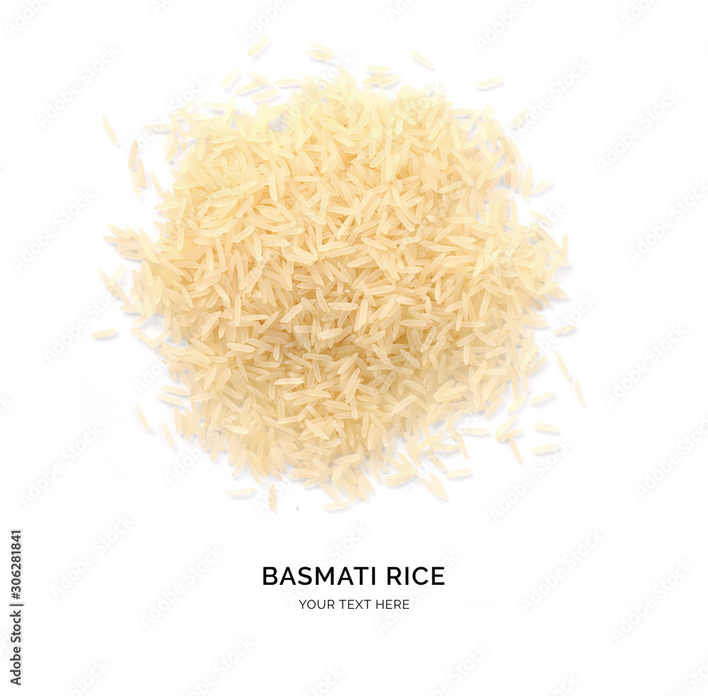 Creative layout made of basmati rice on white background. Flat lay. Food concept. Macro concept. - obrazy, fototapety, plakaty 
