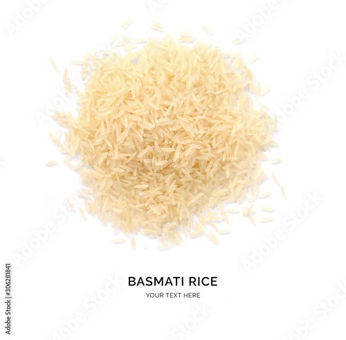 Creative layout made of basmati rice on white background. Flat lay. Food concept. Macro concept.