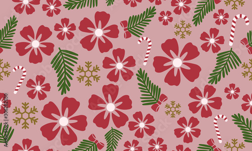 Red flower ornament, leaves, floral pattern christmas wallpaper.
