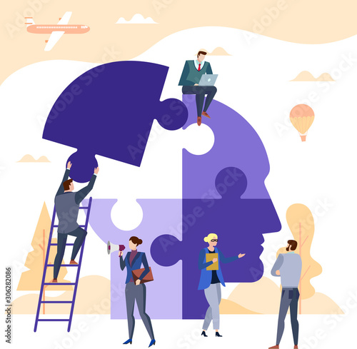 Concept Flat illustration. Business people team building a puzzle in the form of a head.