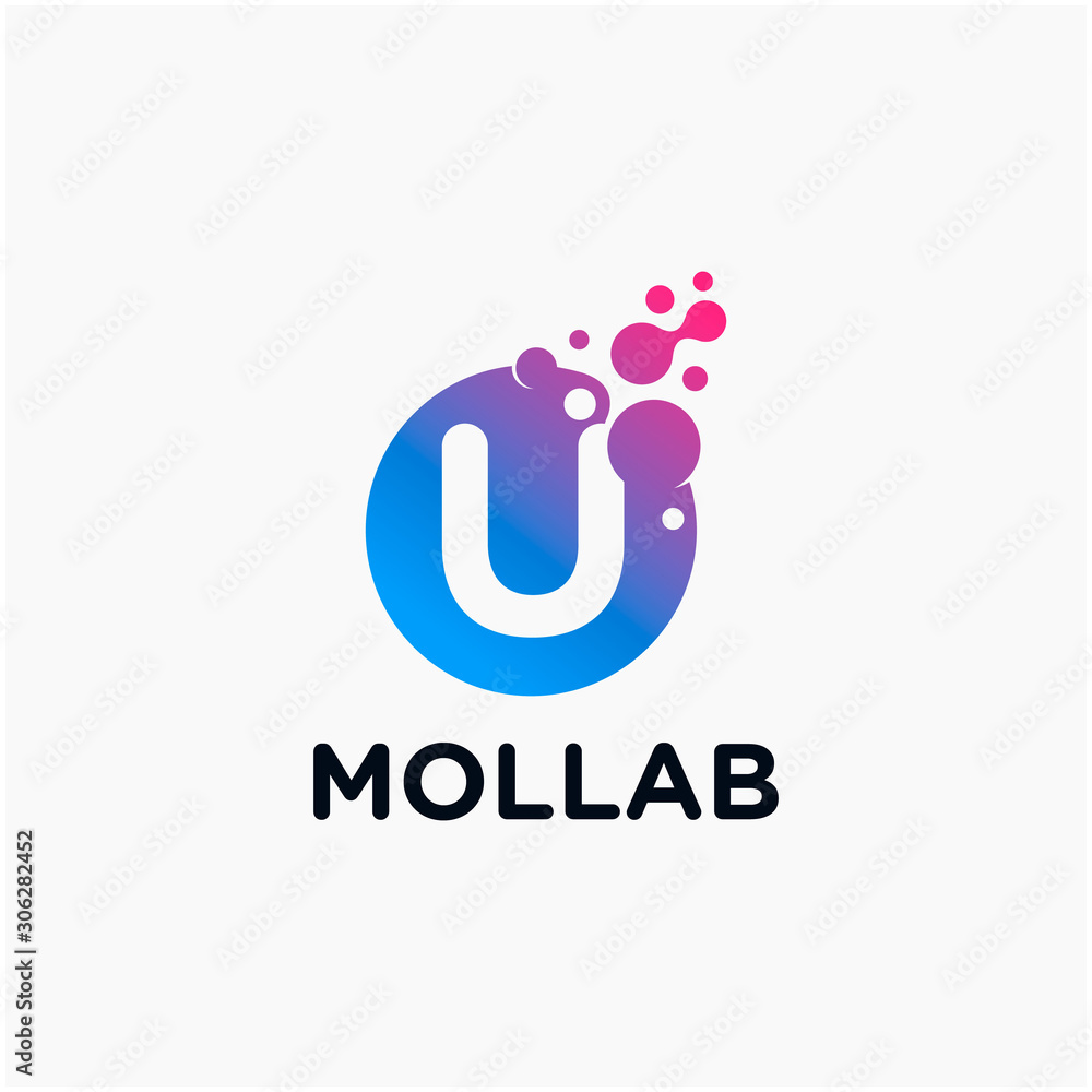 initial Letter U with molecule element. Lab Logo Design concept. Design Vector with Dots and Bubbles. perfect for technology, digital, software, network and science brand. - vector