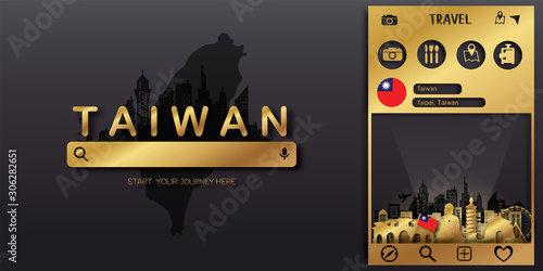 PrintTravel Taiwan postcard, poster, tour advertising of world famous landmarks in paper cut style. Vectors illustrations