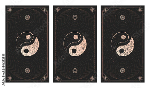 Vector set of three yin yang signs on dark backgrounds with geometric shape, grunge textures and frames.