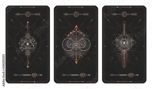 Vector set of three dark backgrounds with sacred symbols, grunge textures and frames. Illustration in black and gold colors.