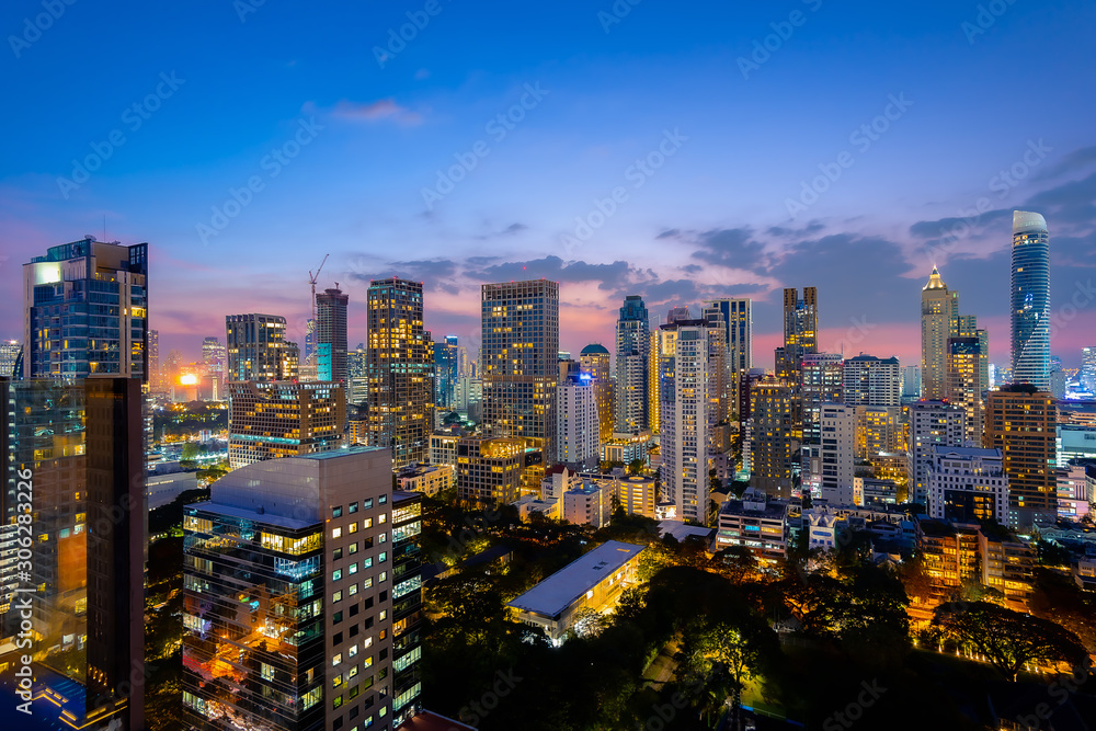 Cityscape night view of Bangkok modern City business building and high skyscraper at Bangkok,Thailand.