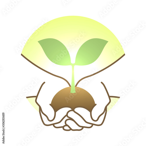 Sprout in hand symbol, save the world concept, minimal design.