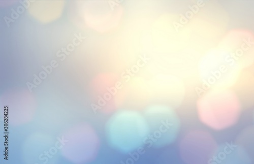 Bright bokeh defocus texture. Iridescent blue pink yellow gradient. Holiday lights sky abstract illustration. Magical flare blurred pattern. Dream sky empty background.