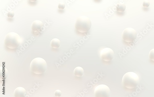 White pearls 3d illustration. Shiny texture. Pastel beads pattern. Holiday gleam texture. Subtle background. Balls reflection on light surface.