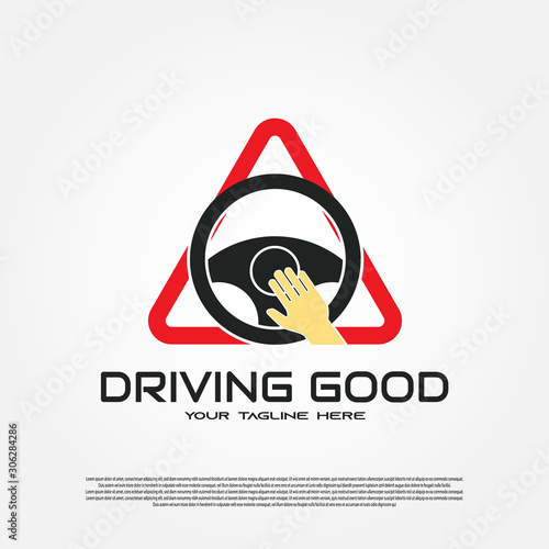 Driving school logo with hands on the car horn with road signs for driving training icon - steering wheel vector illustration