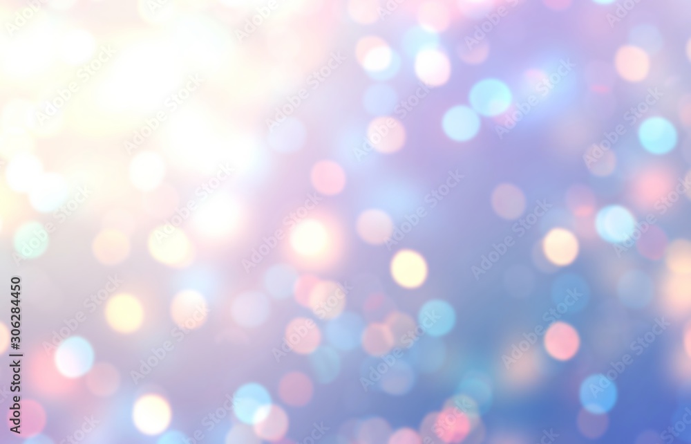 Christmas shimmer confetti festive background. Blurry texture bokeh. Abstract template sparkles. Defocus pattern brilliance sequins. Lilac blue pink gradient.