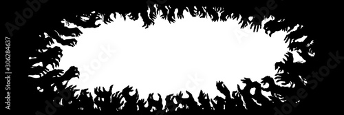Zombie hands silhouettes frame/ Sinister horizontal black frame with zombie hands