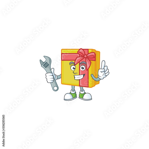 Professional Mechanic yellow gift box mascot cartoon character style