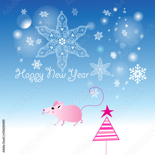 Vector pink mouse for New year on blue background © tanor27