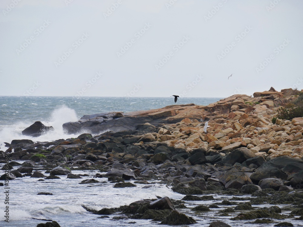 Rocky shoreline with waves breaking into foams Rocky shoreline with waves breaking into foams