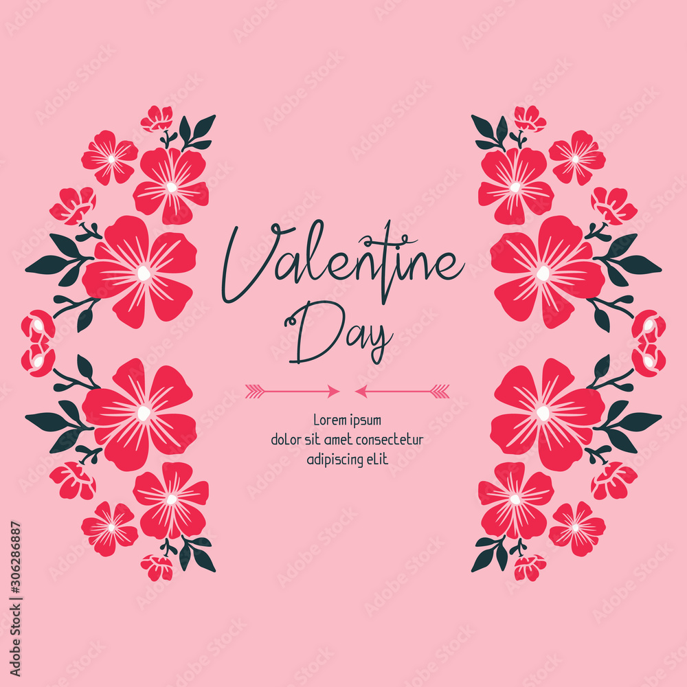 Greeting card template of valentine day, with beautiful pink flower frame realistic. Vector