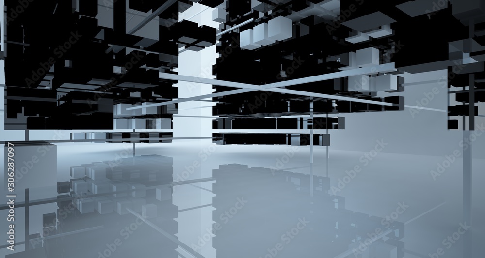Fototapeta Abstract white and black interior multilevel public space from array cubes with window. 3D illustration and rendering.