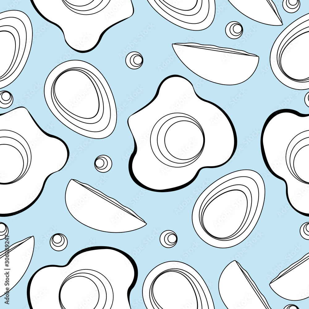 Seamless pattern of fried and boiled eggs. Background breakfast in the morning. Contour drawing. Seamless pattern of fried and boiled eggs. Background breakfast in the morning. Contour drawing.