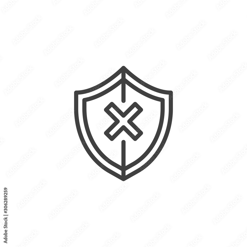 Shield insecure line icon. linear style sign for mobile concept and web design. Security shield with cross outline vector icon. Unprotected symbol, logo illustration. Vector graphics Shield insecure line icon. linear style sign for mobile concept and web design. Security shield with cross outline vector icon. Unprotected symbol, logo illustration. Vector graphics