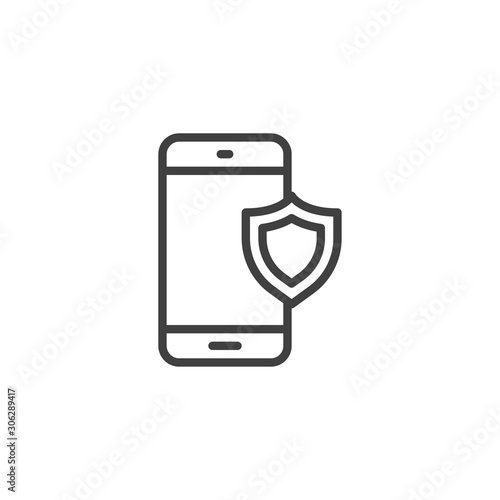 Smartphone secure line icon. Phone protection linear style sign for mobile concept and web design. Mobile phone and shield outline vector icon. Symbol, logo illustration. Vector graphics