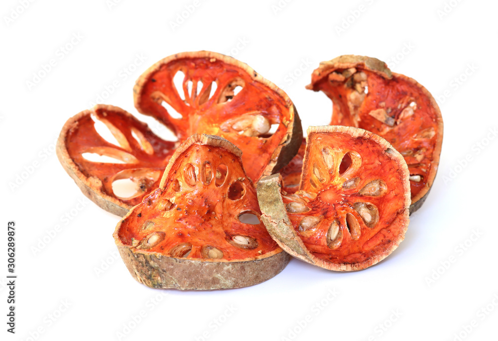 Dry bael fruit isolated on white background.