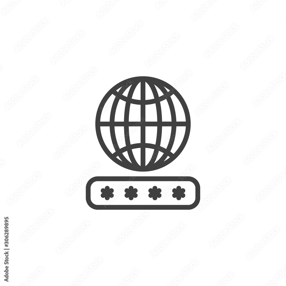 Globe password code line icon. linear style sign for mobile concept and web design. Global GDPR outline vector icon. Network security password symbol, logo illustration. Vector graphics Globe password code line icon. linear style sign for mobile concept and web design. Global GDPR outline vector icon. Network security password symbol, logo illustration. Vector graphics