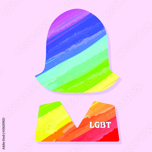 female silhouette painted with flowers of rainbow inscription LGBT on chest