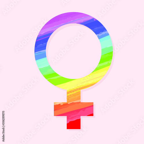 Symbol of women's gender painted with the flowers of the LGBT community rainbow