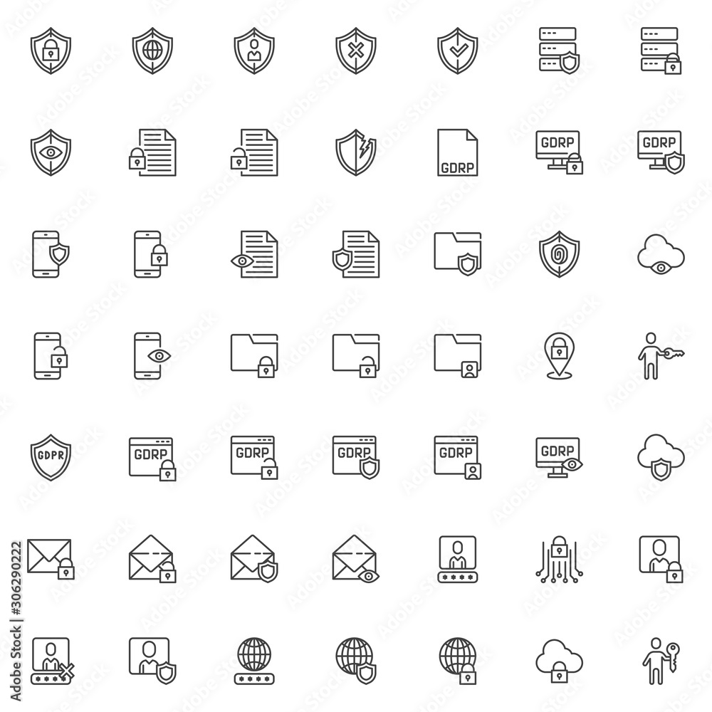 GDPR line icons set. General data protection regulation linear style symbols collection, outline signs pack. vector graphics. Set includes icons database server protection, network security, password GDPR line icons set. General data protection regulation linear style symbols collection, outline signs pack. vector graphics. Set includes icons database server protection, network security, password