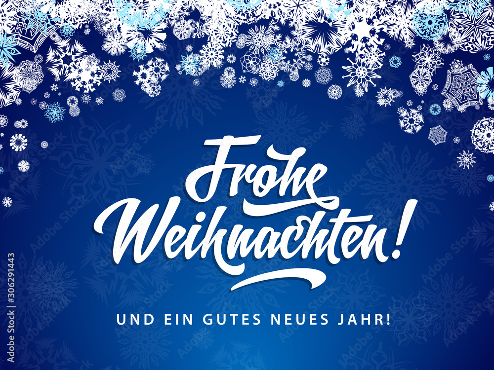 Frohe Weihnachten - Merry Christmas in German language blue flat background template with snowflakes, and calligraphy