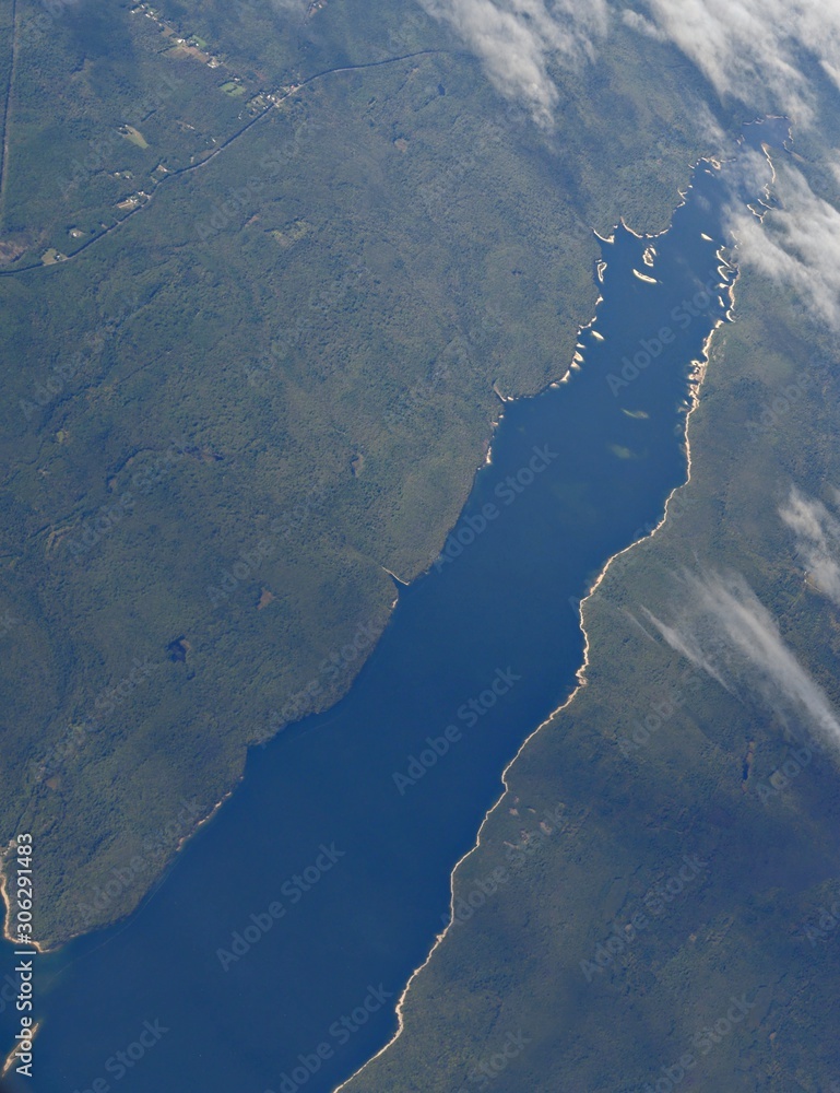 Portrait aerial view of the east coast area of the US, seen from an airplane window