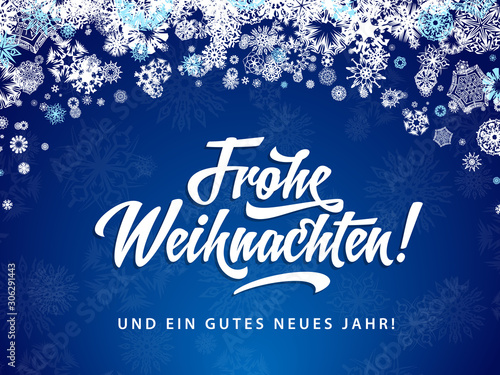 Frohe Weihnachten - Merry Christmas in German language blue flat background template with snowflakes, and calligraphy