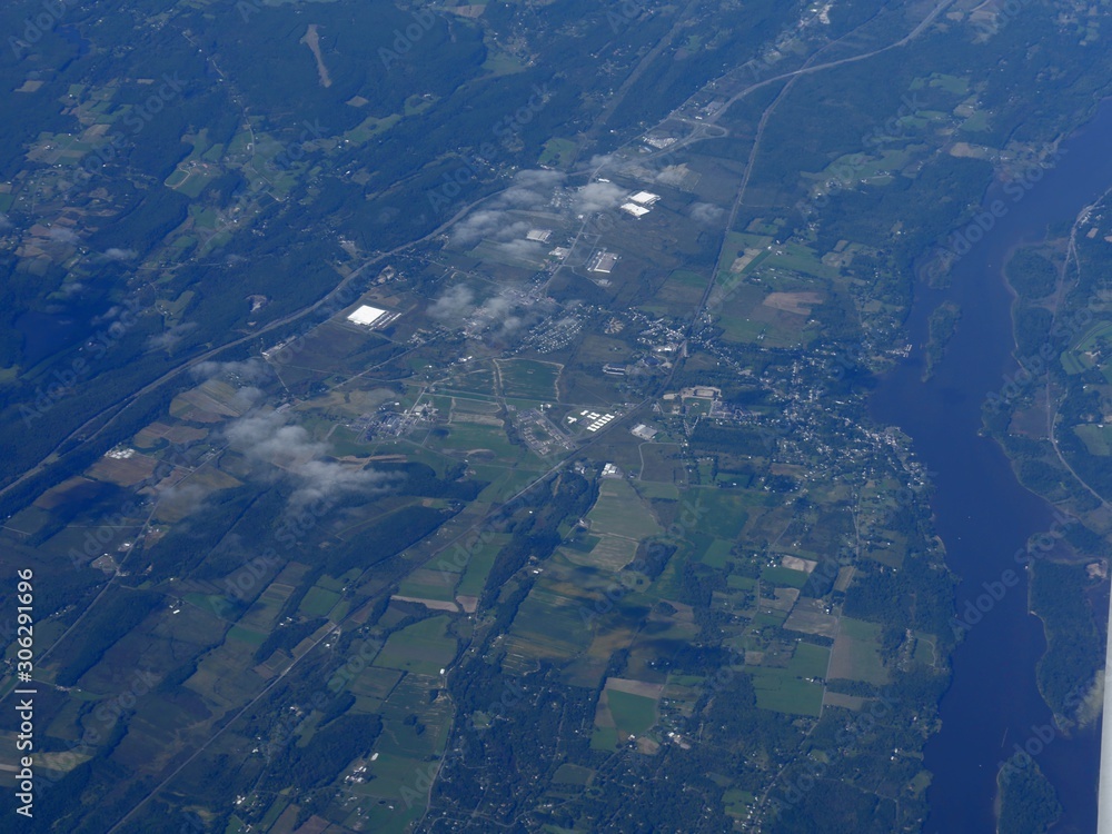 Aerial shot approaching Baltimore, Maryland, seen from an airplane window.