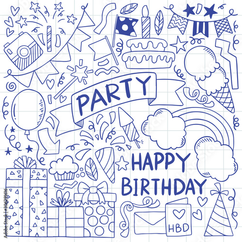 hand drawn party doodle happy birthday Ornaments background pattern Vector illustration