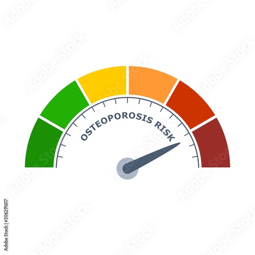 Color scale with arrow from green to red. Osteoporosis risk measuring device icon. Sign tachometer, speedometer, indicators. Colorful infographic gauge element