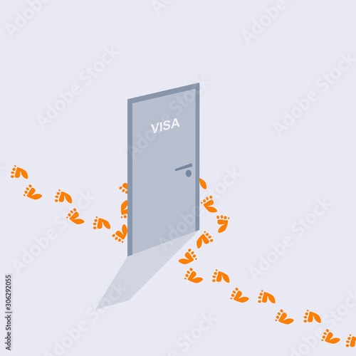 Image relative to migration. Human footprints bypass the door with the inscription visa